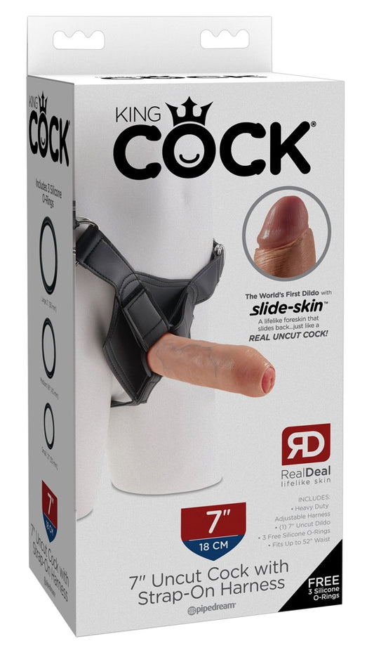 Pénis de 7" não circuncidado com arnês tipo strap-on